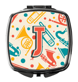 Monogram Letter Compact Mirror (Color: Retro Teal Orange Musical Instruments Initial, size: 2.75 x 3)